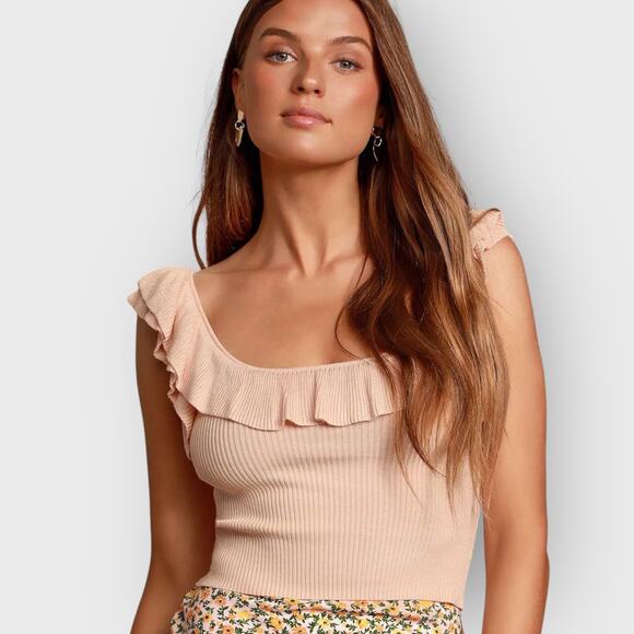 Lulus Medium Blush Pink Ruffled Ribbed Tank Top Scoop Neck Romantic Cottagecore - Picture 2 of 6